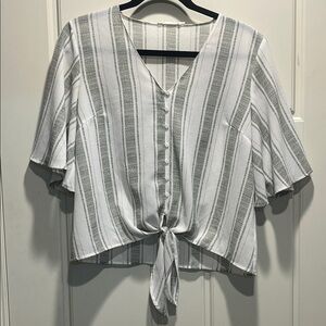 Lush Gray and White Striped Tie-Front Blouse